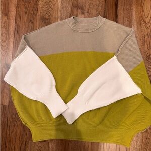 Free People Beige, Mustard Yellow, and White Sweater